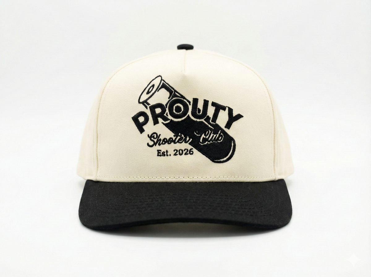 Beige and black snapback with the PROUTY Shooter Club logo embroidered on the front