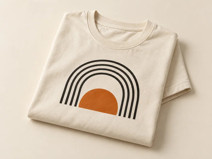Illustrative cream T-shirt with an orange and black print, shown as a design concept.