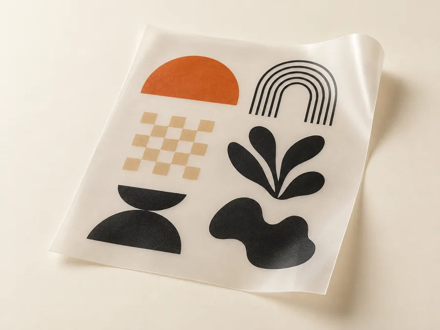 Illustrative transfer film with an orange and black graphic, shown as a design concept.