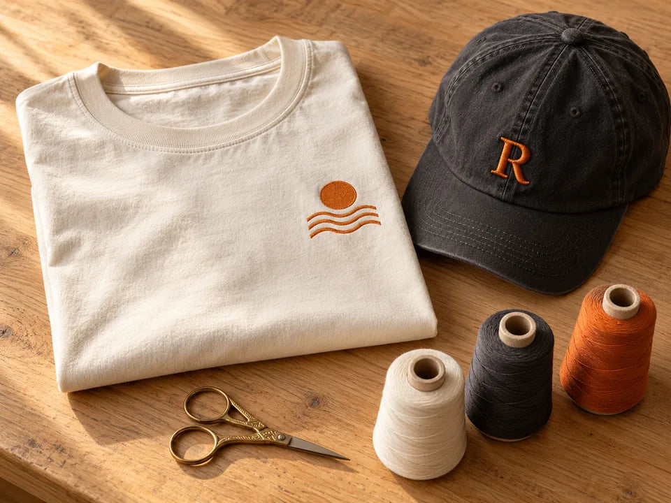 An ivory embroidered T-shirt and charcoal cap with thread spools and scissors on a wooden table.