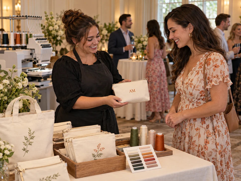Guest viewing an embroidered pouch at an event personalization station with totes and thread samples.