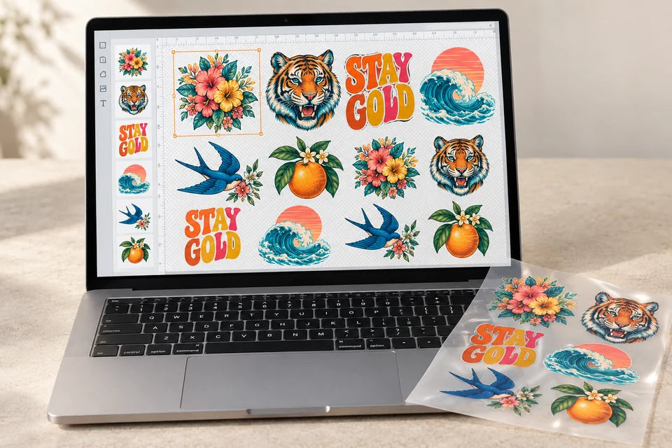 Laptop displaying a gang sheet layout with transfer designs.