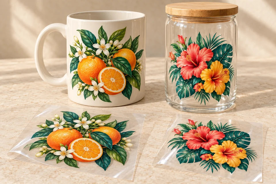 Mug and glass decorated with colorful UV DTF decals.