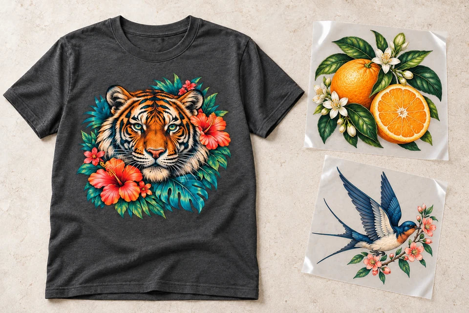 Printed apparel with colorful DTF transfer designs.